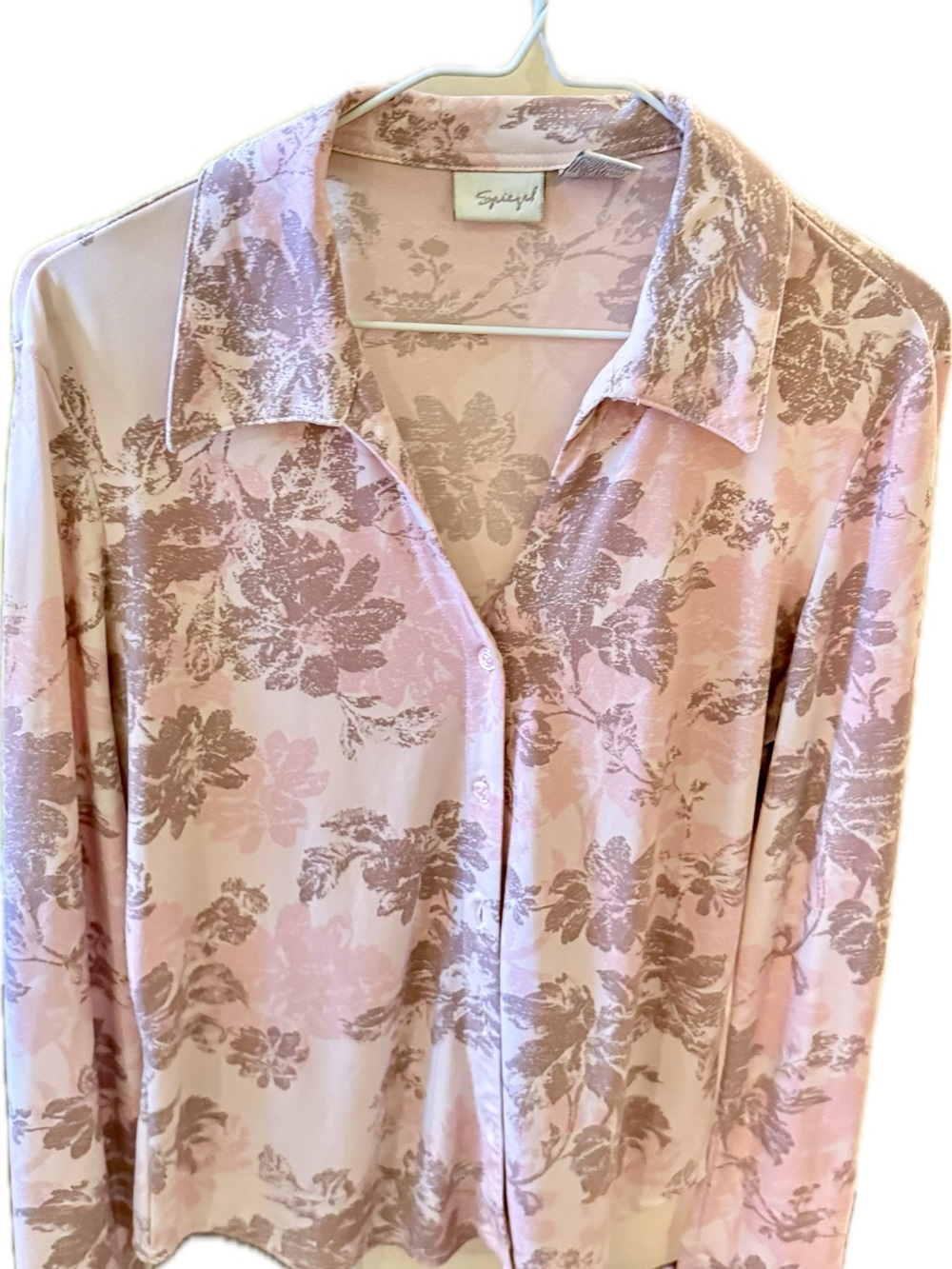 Vintage Spiegel Floral Button Up
Blouse Pink Brown Long Sleeve 90s/
Y2K